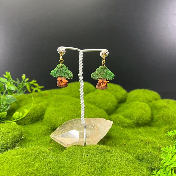 Mushroom Tree Polymer Clay Hypoallergenic Silver Tone Handmade Dangle Earrings - Picture 2 of 10